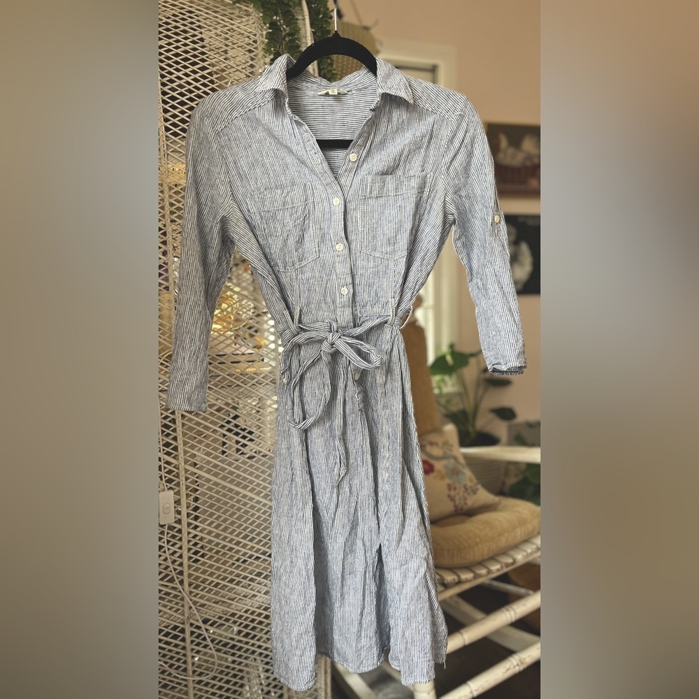 Max Studio Linen Blend White & Navy Pinstriped 3/4 Sleeve Button Midi Dress XS